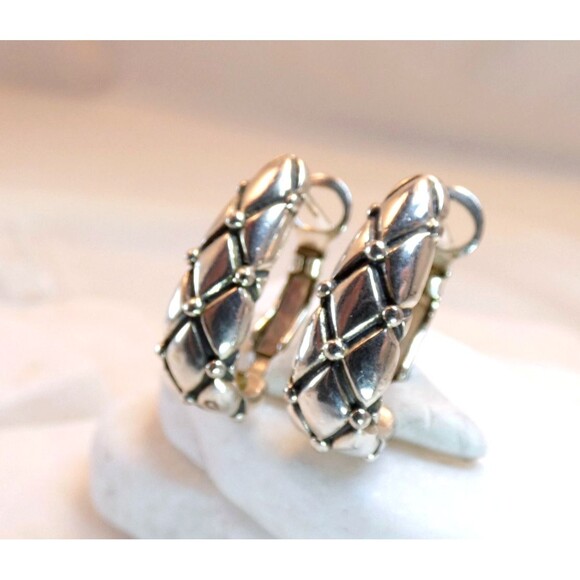 Artisan VTG Sterling Silver Half Hoop Earrings Hinged Signed - Picture 3 of 6